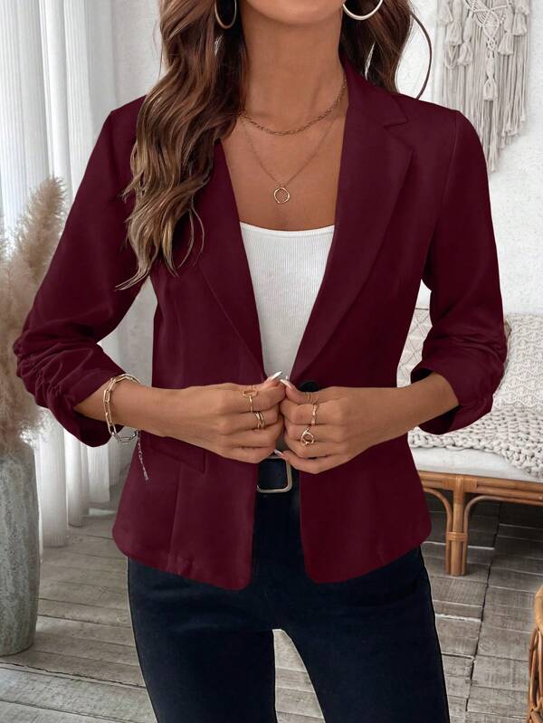 EMERY ROSE Women's Simple Solid Color Ruffled Cuff Casual Blazer Jacket
