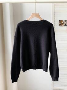 SHEIN EZwear 1pc Women Loose Fit Crew Neck Long Sleeve Sweater With Bow Decor, Black