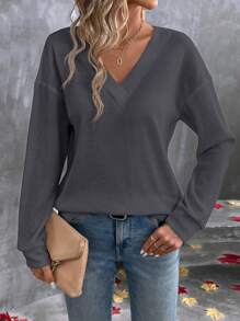 SHEIN LUNE Women's Solid V-Neck Drop Shoulder Long Sleeve Casual T-Shirt, Autumn Fall Cloth For Women