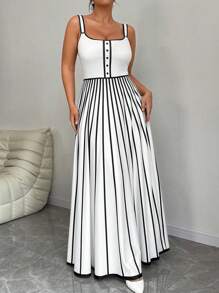 Elenzga Plus Size Women Summer Striped Maxi Casual Slip Dress - Black and White - View 5