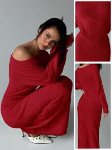 Aloruh Vestido-suéter largo y holgado con hombros descubiertos para mujer, para otoño/invierno