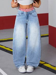 SHEIN ICON Damen Karomuster Gürtel Hüftjeans mit weiter ausgestellter Passform in ausgewaschener Optik