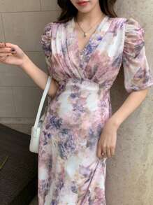 DAZY V-Neck Floral Print Puff Sleeve Mid-Length Dress For Women