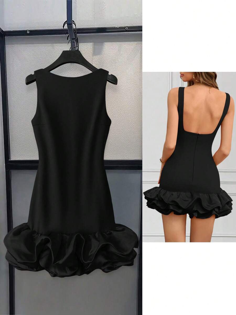 INAWLY Vestido mini elegante de mujer de color liso con volantes en el bajo, sin mangas y espalda descubierta, de ajuste ceñido - Negro - Ver 1