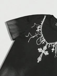ROMWE MEN Goth Vintage Necklace Pattern Print Short Sleeve T-Shirt, Street Fashion Men's Casual Tee