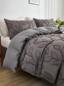 3 Stücke Polyester, weich & bequem, grau geschnittenes Blättermuster, Moderne Bettwäsche-Set (1 Bettbezug + 2 Kissenbezüge, ohne Füllung), geeignet für Heim-Dekoration, Schlafzimmer Nutzung, Ganzjährig