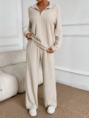 2 Stücke Set Teenager Mädchen mit locker sitzender einfarbiger Zip-Up Rippenstruktur Langarm-Top und hochträgiger elastischer drapierter Strick-Hose