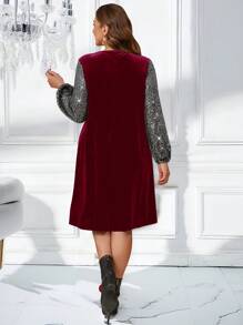 EMERY ROSE Plus Size Christmas V-Neck Sequins Patchwork Elegant Long Sleeve Winter Dress Christmas Dress