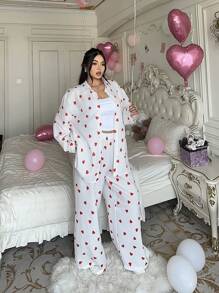 Flirla 大码情人节休闲心形印花长袖衬衫和阔腿裤两件套 - 彩色 - 查看 7