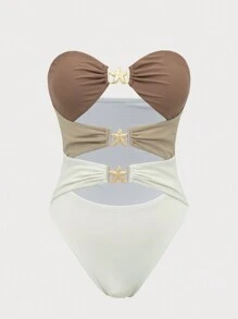 Beach Outfits For Women, Multicolor Stitching Starfish Metal Decoration Hollow Casual Regular Ladies One-Piece Swimsuit For Summer Beach Vacation