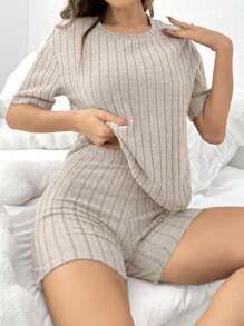 Women Solid Color Brushed Ribbed Loose Crew Neck Short Sleeve Top & Shorts Pajama Set Outfit - Apricot - View 6