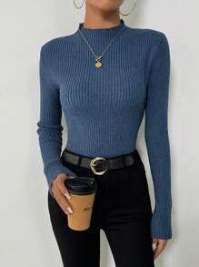 SHEIN LUNE Jersey de cuello de embudo ajustado de punto acanalado para mujer, para otoño e invierno - Azul - Ver 3