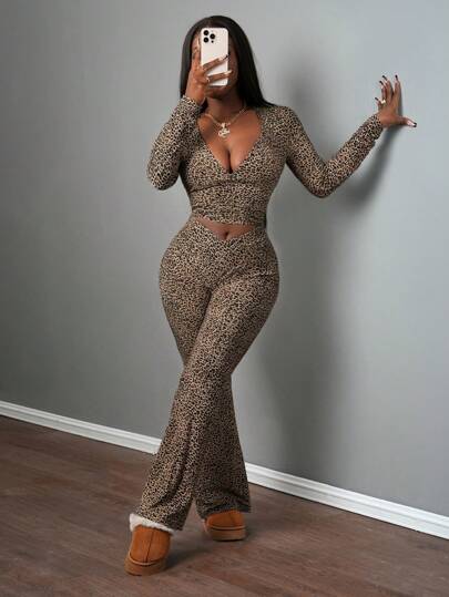 Slaydiva 2 pièces Ensemble femme sexy et décontracté de Top ajusté et pantalon évasé imprimé léopard