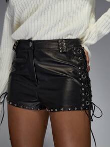 MISSGUIDED Faux Leather Studded Side Lace Up Shorts