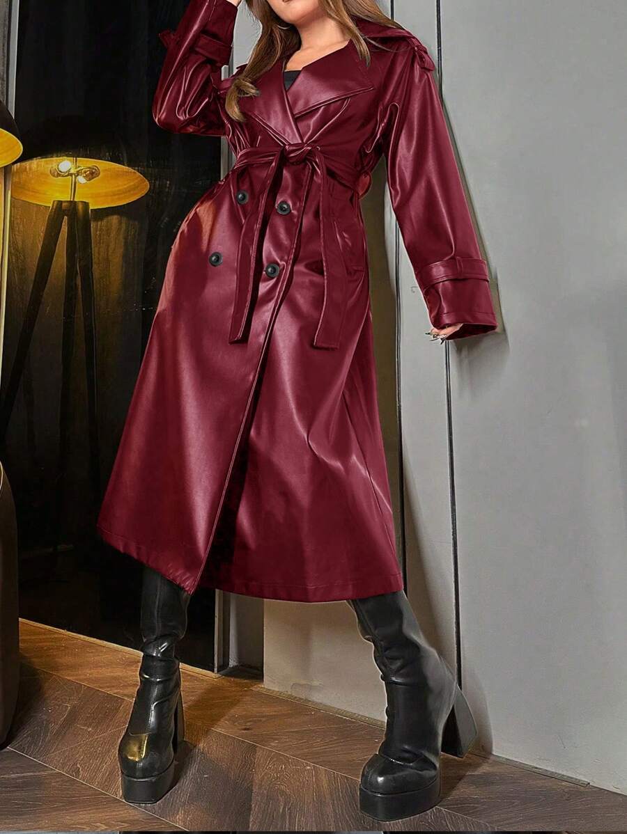 SHEIN Unity 1 件纯色前扣长袖休闲 PU 风衣 - 酒紅色 - 查看 1