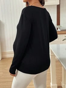 SHEIN Maternity Women Contrast Ribbed Trim V-Neck Knit T-Shirt - Black - View 2