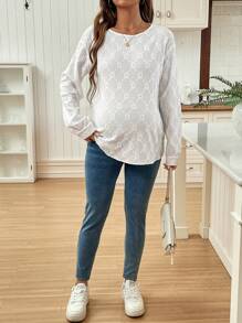 SHEIN Maternity Casual Solid Color Hollow Out Embroidery Drop Shoulder T-Shirt, Autumn - White - View 5