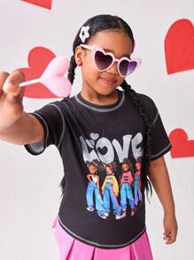 Tween Girls Black Short Sleeve T-Shirt With Cool Girl Metallic Print, Suitable For School And Outdoor Wear