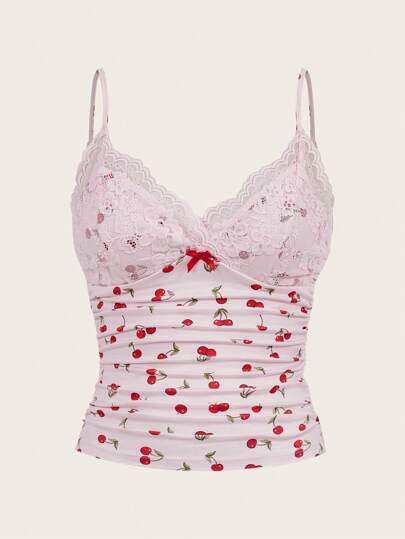 Sweetina Women's Y2k Spaghetti Strap Backless Camisole With Cherry Print Lace Design, Sexy And Fashionable Fitted Top
