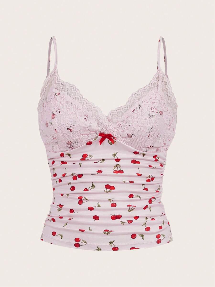 Sweetina Women's Y2k Spaghetti Strap Backless Camisole With Cherry Print Lace Design, Sexy And Fashionable Fitted Top - Pink - View 1