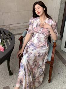 DAZY V-Neck Floral Print Puff Sleeve Mid-Length Dress For Women