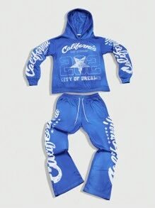 ROMWE MEN Street Life Heren Letter Print Hoodie en Losse Rechte Broek Trainingspak Set