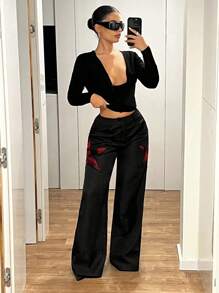 SHEIN ICON Loose Fit Red Black Star Applique Pants - Black - View 3
