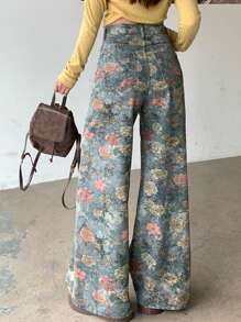 DAZY Women's Retro Floral All-Over Print Wide Leg Jeans - Blue - View 4