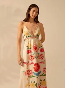 CAJUNI Women's Boho Colorful Tropical Plant Print V-Neck Spaghetti Strap Dress, Casual Summer Beach