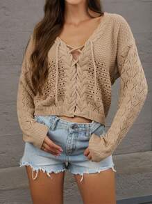 INAWLY Khaki Pullover Hollow Laced Up Knit Sweater Top