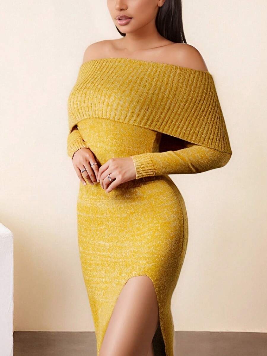 BamGleam Damen Pulloverkleid, langärmlig, lange Länge, Off-Shoulder V-Ausschnitt, Schlitz, sexy tailliert, bequem, Lässig, geeignet für Zusammenkünfte, Herbst/Winter, ganzjährig - Aprikosenfarben - Übersicht 1