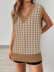 Chiquease Women's Houndstooth V-Neck Casual Knit Sweater Vest, Autumn/Winter - Brown - View 5