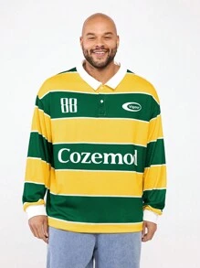 Manfinity VCAY Plus Size Men's Casual Yellow Green Striped Knit Long Sleeve Loose Polo Shirt