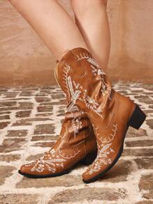 Styleloop 女士时尚刺绣百搭西部靴，波西米亚风格，美式复古波西米亚西部音乐节、派对、圣诞节、万圣节服装 - 棕色 - 查看 2