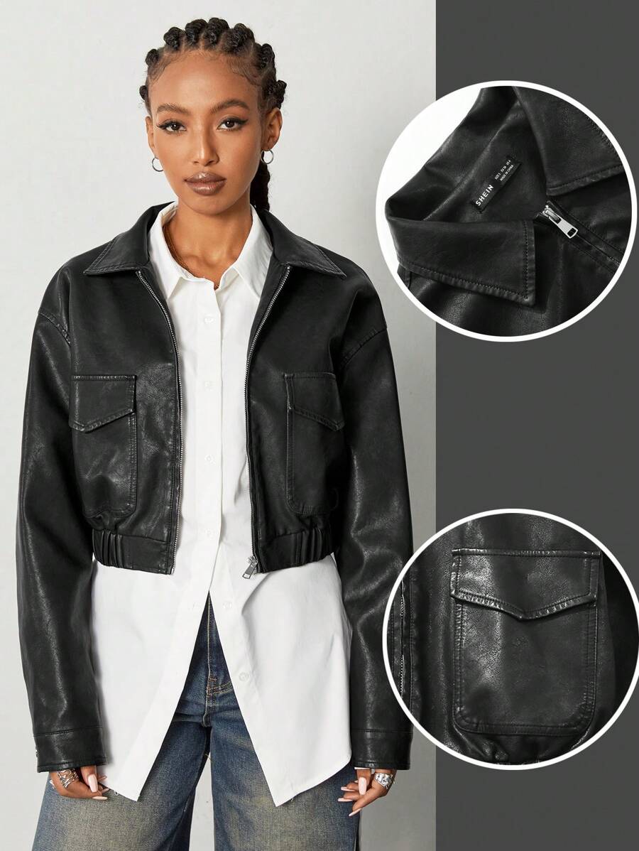 SHEIN EZwear Women's Vintage Y2K Casual Pu Jacket Back To School - Black - View 1