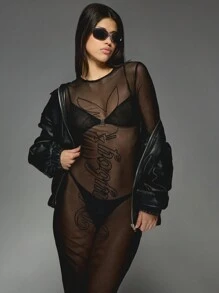 Missguided x Playboy Vestito lungo trasparente con logo in rete, maniche lunghe, abito lungo aderente elegante da festa, club e sera, stile Y2K - nero - Visualizzare 5