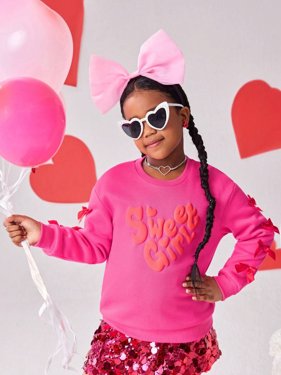 Sudadera rosa fucsia con diseño acogedor y creativo para niñas preadolescentes, con gráfica en relieve en forma de corazones y letras, decoración de lazo rojo, apta para Año Nuevo, Día de San Valentín, escuela, exterior, otoño/invierno - Rosa Fucsia - Ver 1