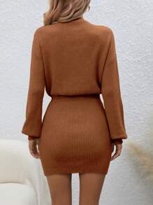 SHEIN LUNE Women Drop-Shoulder Solid Color Crewneck Long Sleeve Knitted Casual Dress, Autumn/Winter - Chocolate Brown - View 2