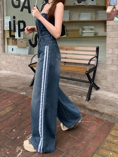 DAZY 女士侧条纹纽扣半襟休闲宽松牛仔连体裤