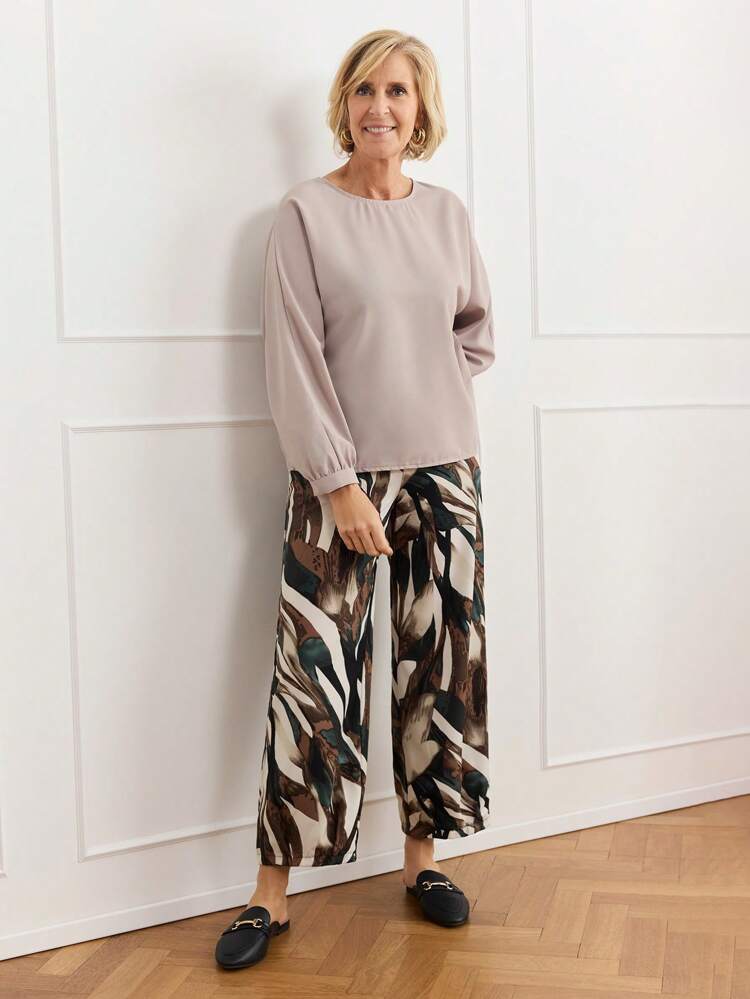 2pcs/Set Women Casual Round Neck Long Sleeve Top And Long Pants Set