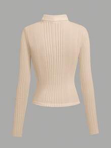 SHEIN Solid Color High Neck Knitted Long Sleeve Fitted Ribbed Texture Comfortable Base Layer Pullover T-Shirt, Versatile & Elegant Design For Teen Girls - Apricot - View 2