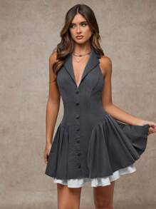 SHEIN BAE Women's Lapel Neck Single-Breasted Ruffle Hem Halter Fashionable Dress Old Money Style Women Christmas Clothes Women New Years Women Outfit Winter Dresses For Women Dresses For Women Elegant Birthday Dresses For Women Business Casual Woman Birthday Outfits For Women Winter Outfits For Women Dresses For Women Party