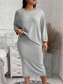 SHEIN LUNE 2pcs/Set Women's Casual Bat Wing Ribbed Crop Top And Mini Skirt Outfit Winter Clothes - Light Grey - View 5