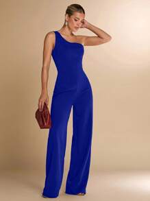 SHEIN BAE Women's Solid Black & Black White Strapless Skinny Jumpsuit With 3D Floral Decor, Elegant For Cocktail Party, Romantic Date, Autumn/Winter Base Layer, Party, Halloween, Christmas Elegant Women Going Out Outfits, Asymmetrical Shoulder Jumpsuit, Wide Leg Jumpsuit, Suitable For Casual Dates, Parties, Events In Autumn Summer Outfits For Women/Spring Clothes/Valentine's Day Outfit/Carnival/Beach Vacation Outfit - Royal Blue - View 4