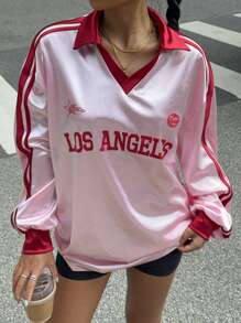 SHEIN Tienermeisje Kerstmis Nieuwjaar Roze, Rood Patchwork, Preppy, Terug naar schoolseizoen, Vintage Color Block Print Polo Kraag Lange Mouw Fietstop T-shirt, Herfst & Lente