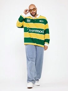 Manfinity VCAY Plus Size Men's Casual Yellow Green Striped Knit Long Sleeve Loose Polo Shirt