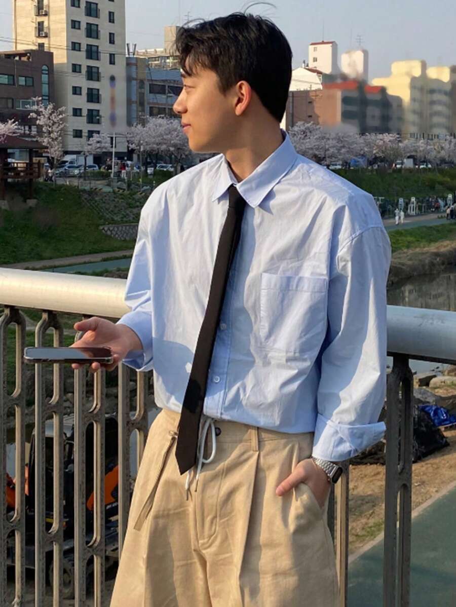 DAZY Men's Commuter Style Solid Blue Office Shirt,Fall Clothes Long Sleeve Men Shirt - Blue - View 1