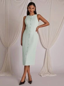 COSMINA Vestido midi sin mangas de unicolor para mujer, casual y de moda para uso diario