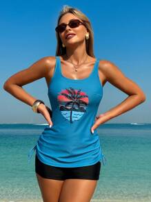 SHEIN Swim 2pcs Printed Modest Tankini With Side Cutout For Women Summer - Blue - View 7