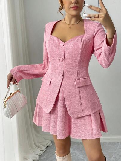 SHEIN Clasi Plus Size Women's V-Neck Pink Fitted Blazer + Pleated Skirt 2 Pieces Suit Set, Valentine's Love
